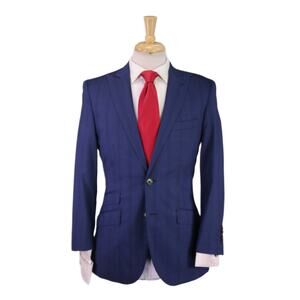 English Laundry Navy Blue Plaid Windowpane Peak Lapel 2-Btn Wool Suit 36S